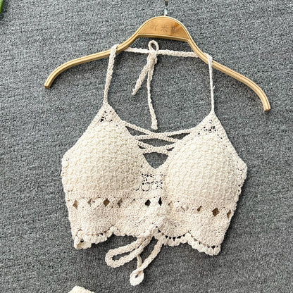 Seaside holiday suit female sexy holiday hollow knit halter neck halter vest two-piece set high waist wide leg shorts