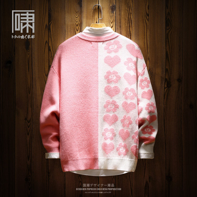 tide brand national tide Hong Kong style splicing contrast color couple sweater men's Japanese