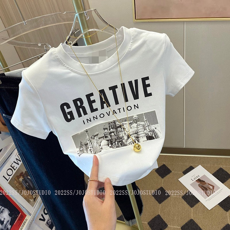 Letter printing front shoulder short-sleeved t-shirt women's summer 2023 new niche chic unique slim waist short top