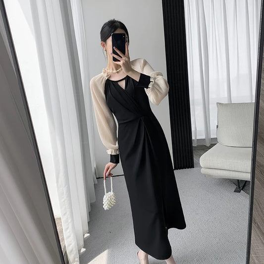 Guoge custom black dress women's 2022 autumn new long-sleeved French slim Hepburn style slit midi skirt 1596