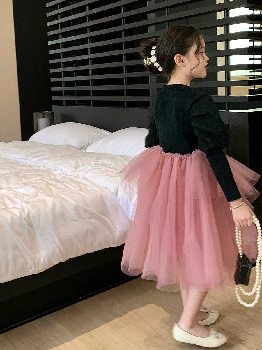 Original girls' knitted wool skirt 2022 autumn and winter long-sleeved children's clothing Western style dress children's princess mesh skirt