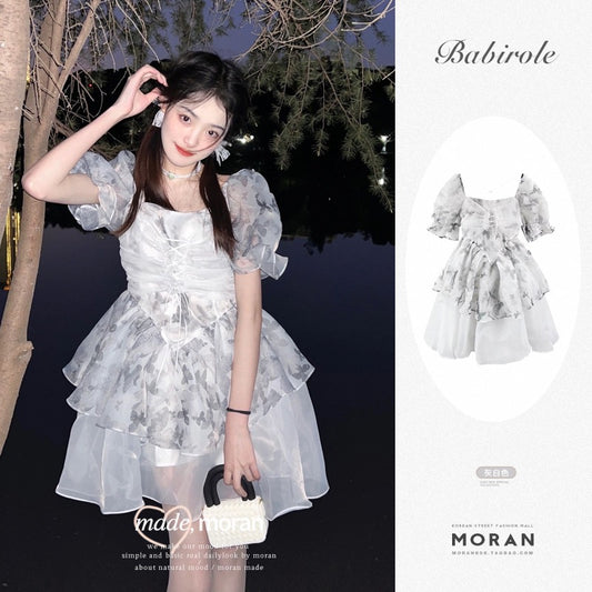 Fugitive Princess Dress French Tea Break Fairy Floral Puffy Dress Puff Sleeves Sweet Western Style High-end Summer