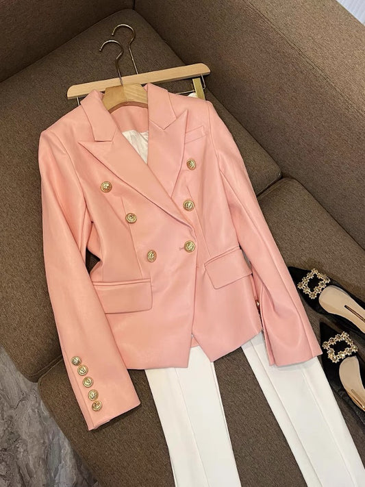This year's popular 2022 pink leather jacket single piece personality tide brand jacket suit suit jacket female 6443 solid color