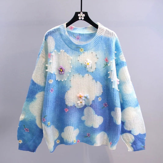 Handmade beaded tie-dye sweater women's 2022 spring new Korean version loose outer wear age-reducing all-match knitted sweater top