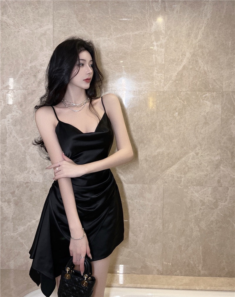 irregular short pure dress Parisian Style Purple Rose Irregular Dress Elegant Ladies Hanging Neck Backless Short Mini Dress Glossy Satin Party Dresses