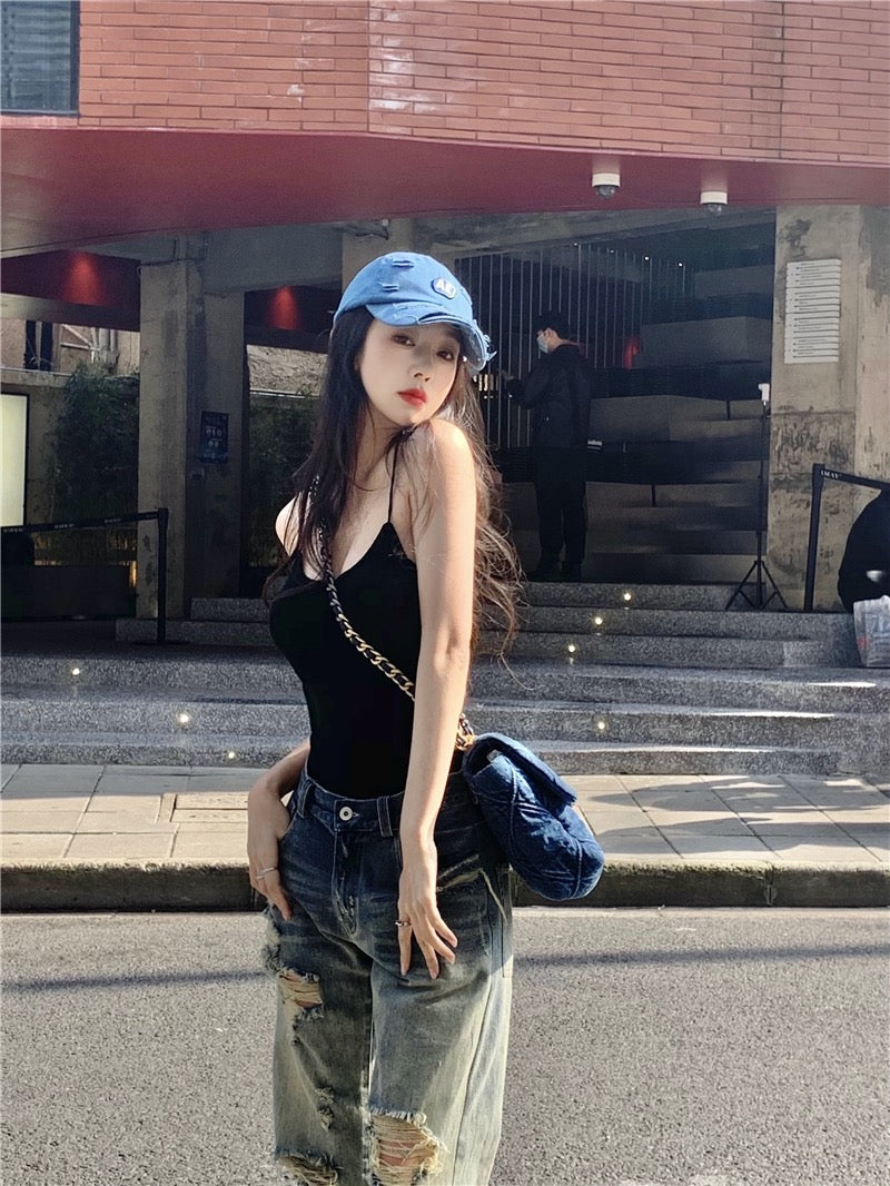 SEOUL sweet cool strappy backless bottoming vest female + old washed ripped jeans street straight casual pants