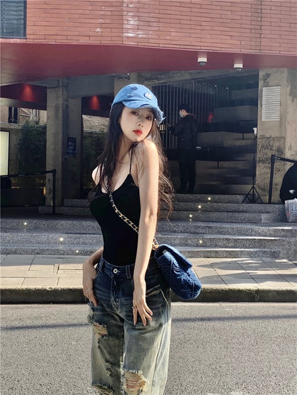 SEOUL sweet cool strappy backless bottoming vest female + old washed ripped jeans street straight casual pants