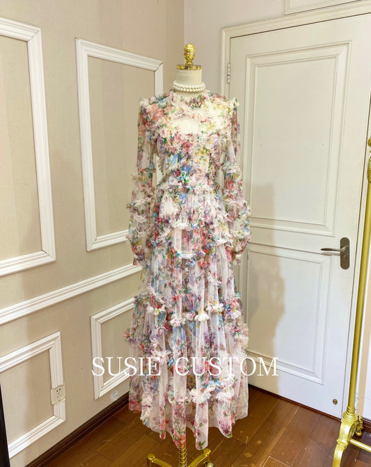 Original style custom heavy industry wood ear side color printing lantern sleeves slim waist big swing long dress long skirt