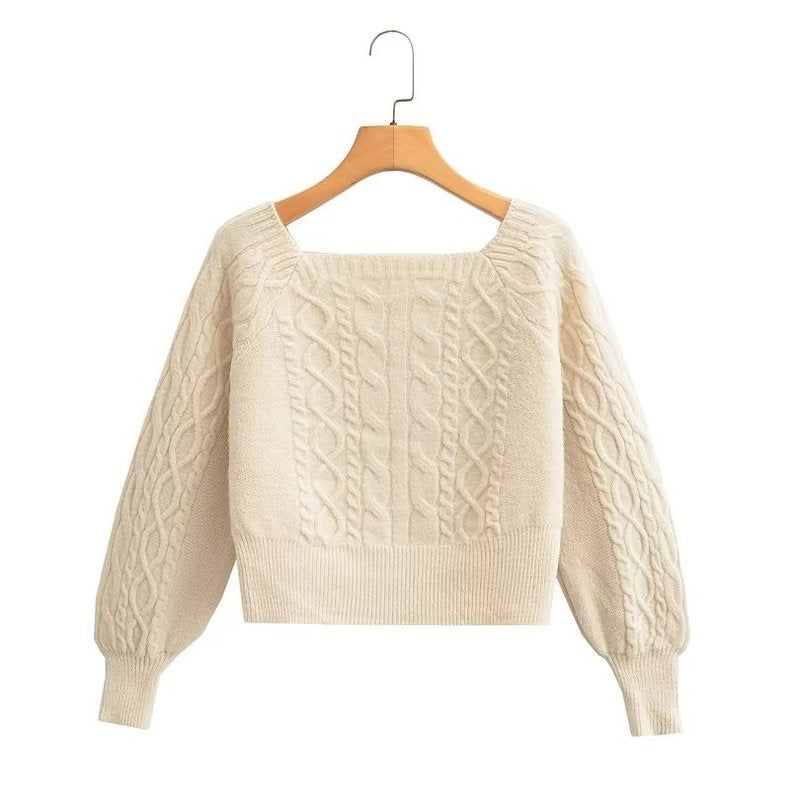 KASLEAD new women's clothing European and American style French niche square collar long-sleeved twist sweater short knitted sweater