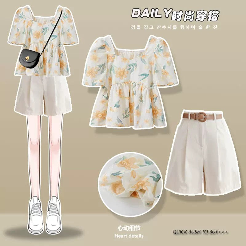 Xiaoxiangfeng Denim Shorts Suit Summer Women 2023 New Salt and Sweet Floral Shirt High-end Two-piece Set