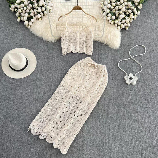Seaside vacation fashion suit women's sweet hook flower hollow camisole two-piece high waist mid-length skirt
