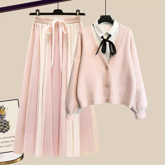 Salt series three-piece suit autumn shirt sweater coat skirt autumn small fragrance suit skirt sweet