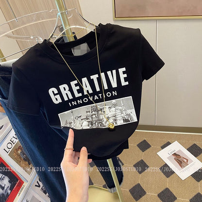Letter printing front shoulder short-sleeved t-shirt women's summer 2023 new niche chic unique slim waist short top