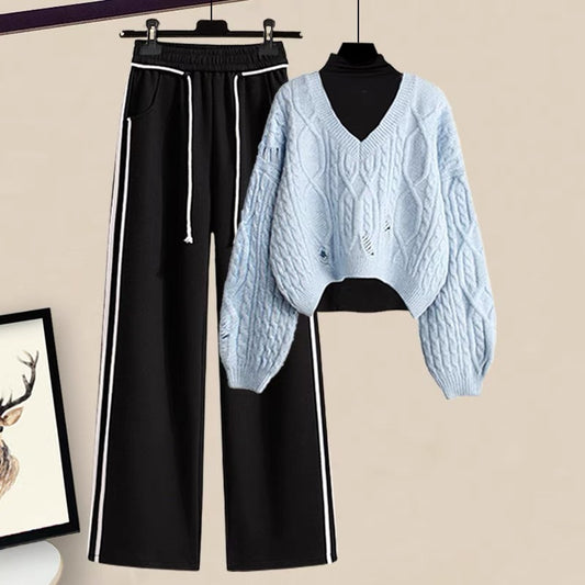 Autumn lazy style V-neck pullover knitted sweater vertical straight tube thin wide-leg pants casual suit women's two-piece