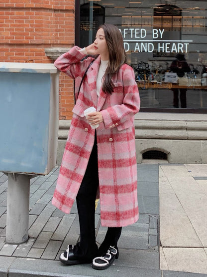 Pink imitation cashmere woolen coat women's winter thickened 2022 new Korean high-grade wool long woolen coat