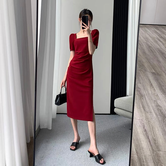 FT GUOGE red dress women's 2022 summer new square collar high-end sense waist slim French engagement dress