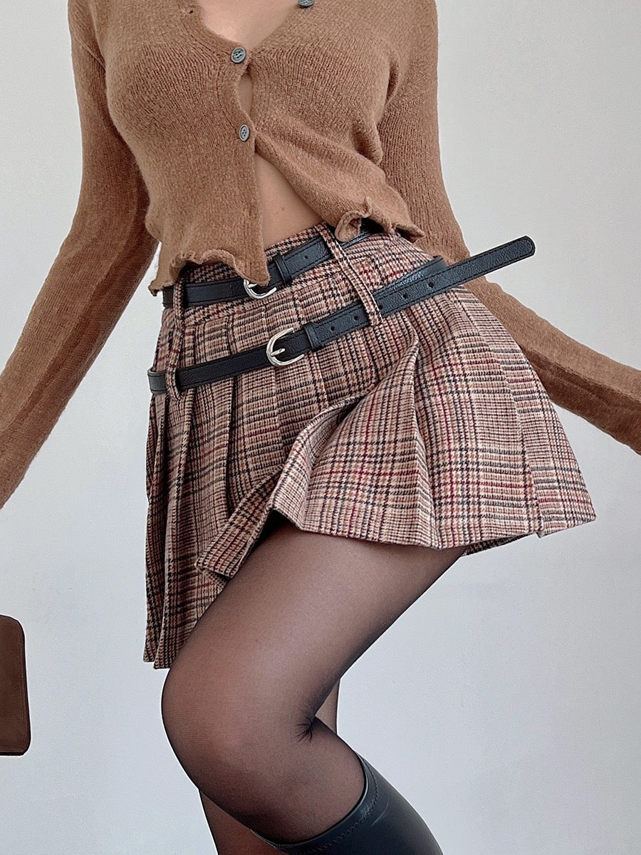 liviahome American retro college style woolen pleated skirt skirt women's winter high waist slim skirt