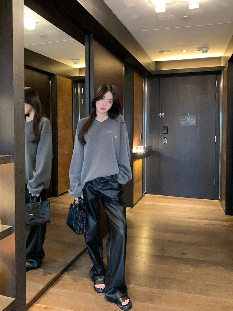 Bean paste chic [lava black skillful] black Pu leather casual pants women's autumn low waist loose wide-leg long leather pants