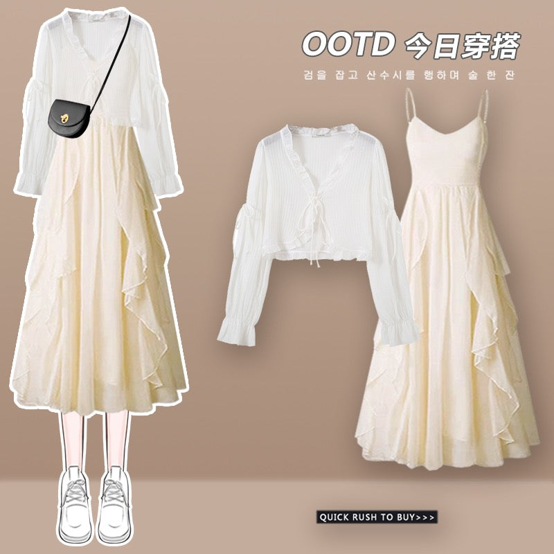 2023 new high-end chic and beautiful mesh blouse suspenders dress fairy super fairy forest two-piece set