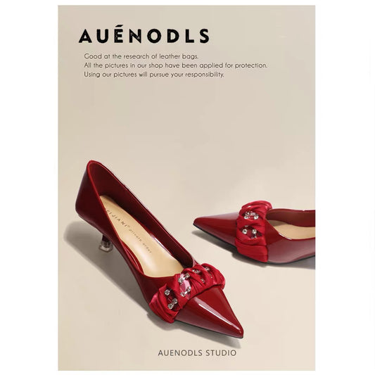 AUENODLS leather wine red word lace pointed high-heeled shoes women patent leather bridesmaid low stiletto wedding shoes women