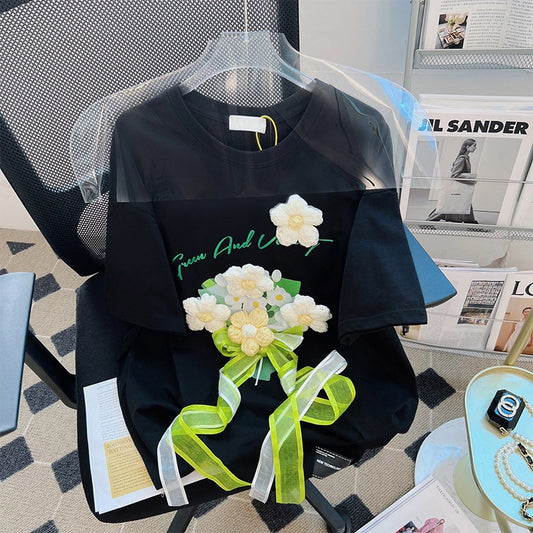 Black t-shirt women's short-sleeved summer design sense niche loose cotton chic foreign style age-reducing three-dimensional flower top