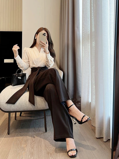 Miss Dong's high-end custom jumpsuit women's 2022 autumn new straight wide-leg tie waist color-blocking jumpsuit 1784