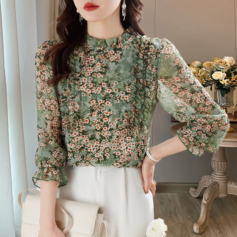 Summer floral chiffon shirt women 2023 spring and summer new beautiful small shirt women's high-end western style high-end tops