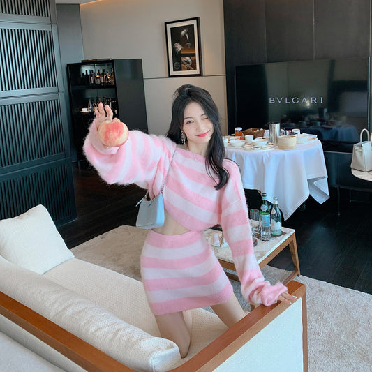 ByYou Autumn Pink Striped Loose Short Waist Sweater Set Women's High Waist Bag Hip Skirt Two-piece Set