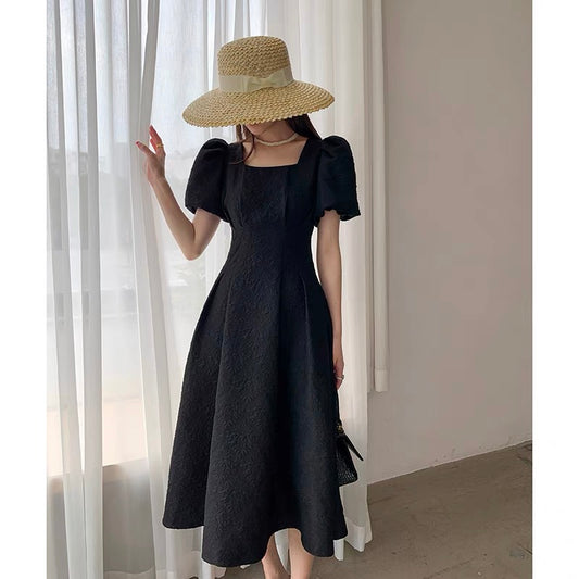 FT GUOGE Black Puff Sleeve Dress Women's 2022 Summer New Square Collar French Hepburn Jacquard Little Black Dress
