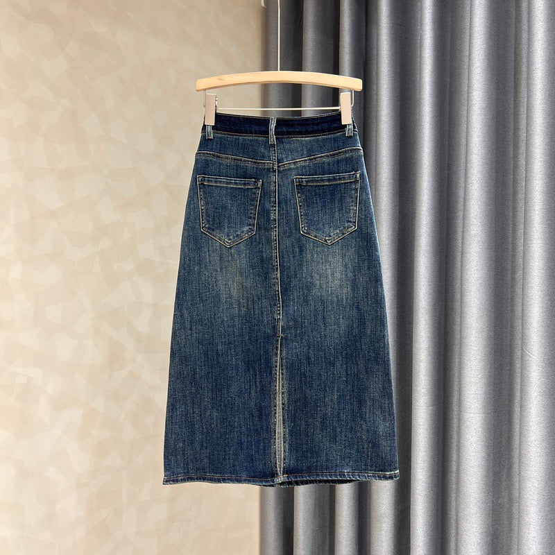 Contrasting color high waist denim skirt women's autumn new style thin all-match rear slit retro high waist bag hip long skirt