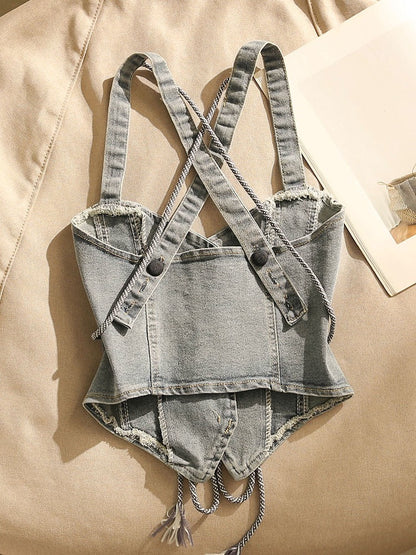 Spice Girls Cross Strap Denim Camisole Women's Inner Wear Sexy Summer Outerwear Design Short Tops