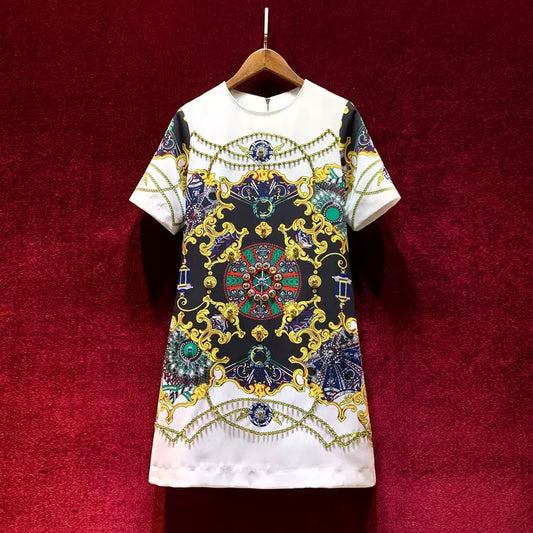 French heavy industry high-end sense of niche short-sleeved printing high-end luxury dress European hot style 2022 new summer