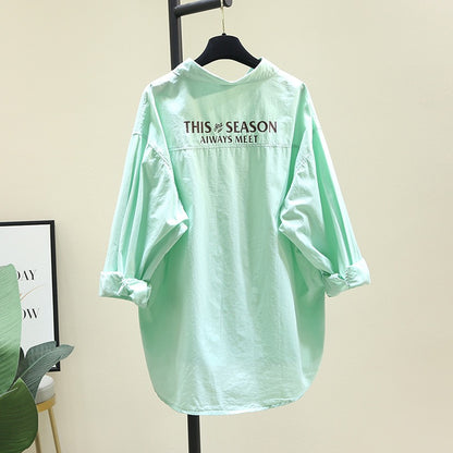 White shirt women's mid-length 2023 spring new Korean version loose back letters casual all-match long-sleeved shirt