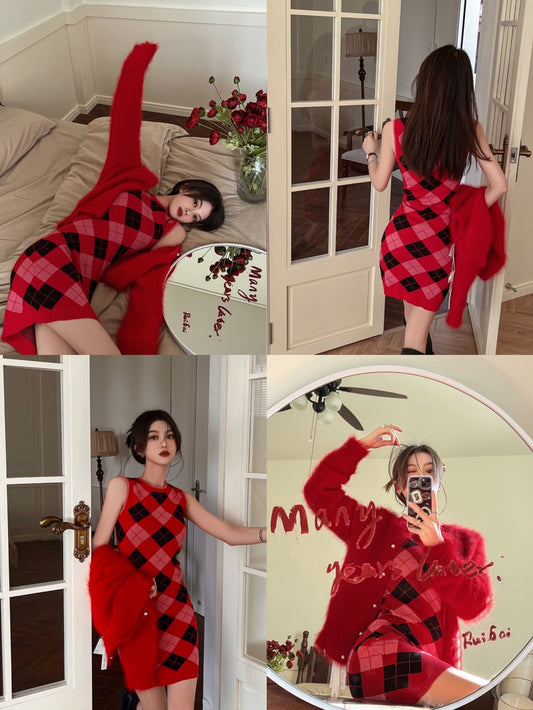 Red Christmas Mink Velvet Sweater Women's Autumn and Winter New Year's Atmosphere Sense of Temperament Western Style Knitted Cardigan Jacket
