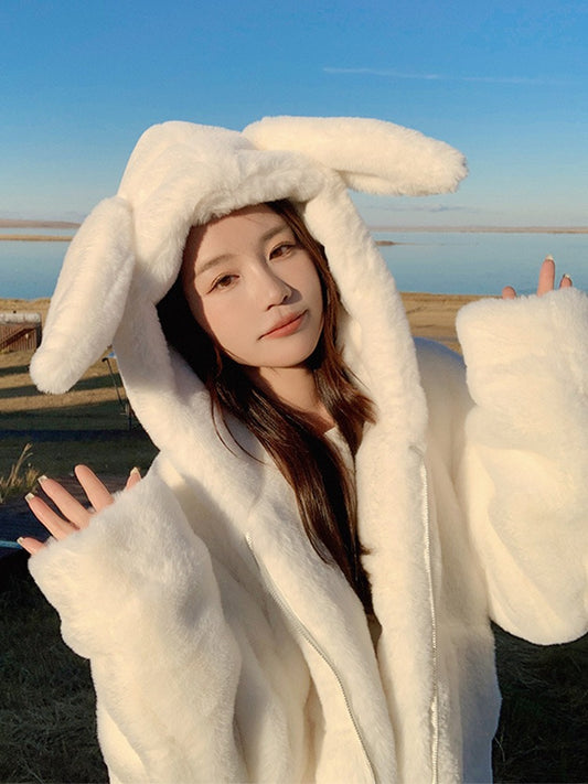 Milk fufu rabbit ears cute lamb wool coat women's winter 2023 new plus velvet thickened soft waxy furry cotton clothing