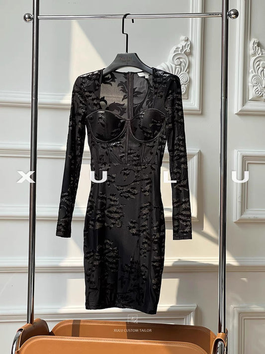 XULU original early autumn new velvet burnt-out bag hip skirt commuting sexy high waist slim long-sleeved square neck dress 1191