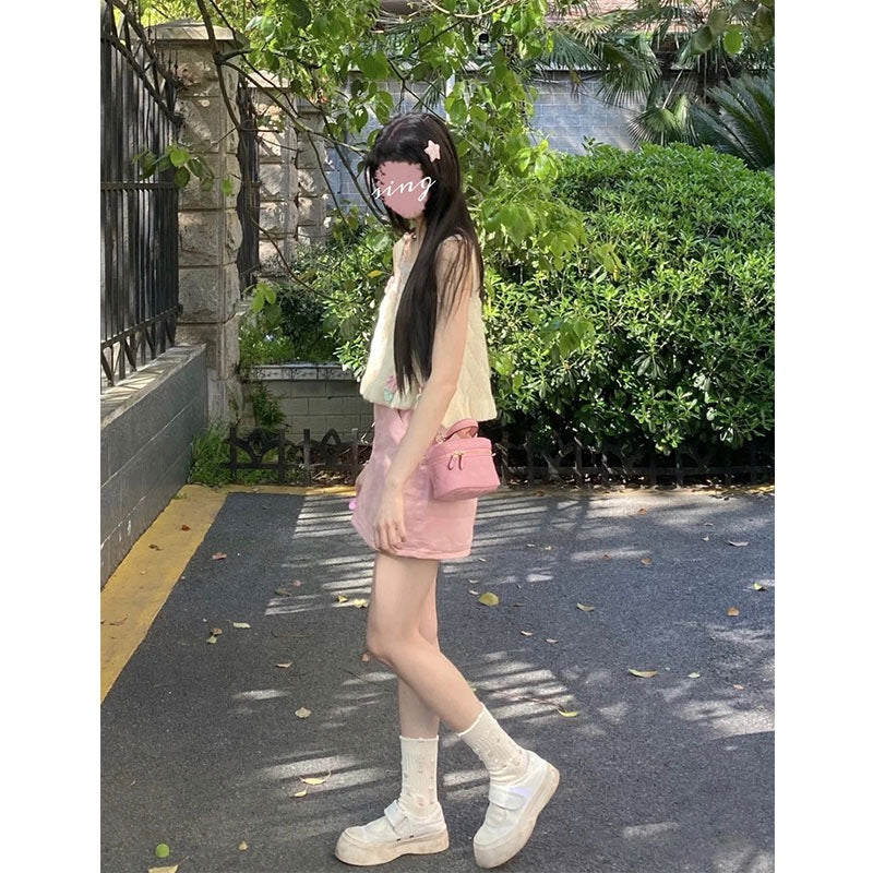 Summer's new style of sweet and spicy little man wears a girly age-reducing camisole pink short skirt two-piece suit