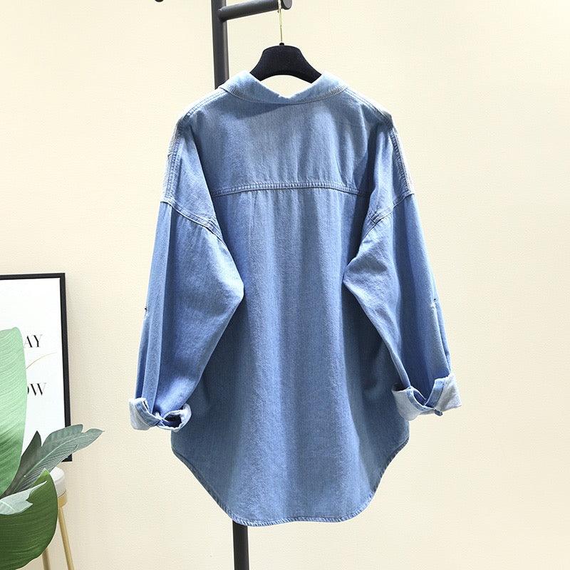 Color-block denim shirt women's 2023 spring new Korean version of the mid-length casual loose long-sleeved outerwear shirt jacket
