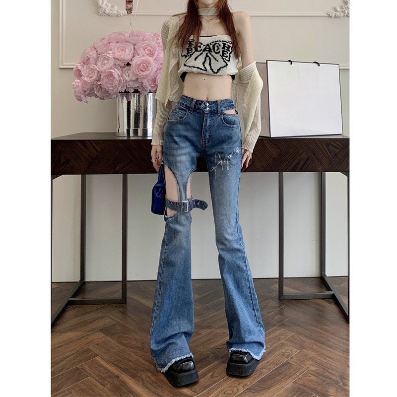 Spice Girls Scheming Jeans Spring 2023 New High Waist Fashion Temperament Hollow Bandage Slightly Wide Leg Trousers Women