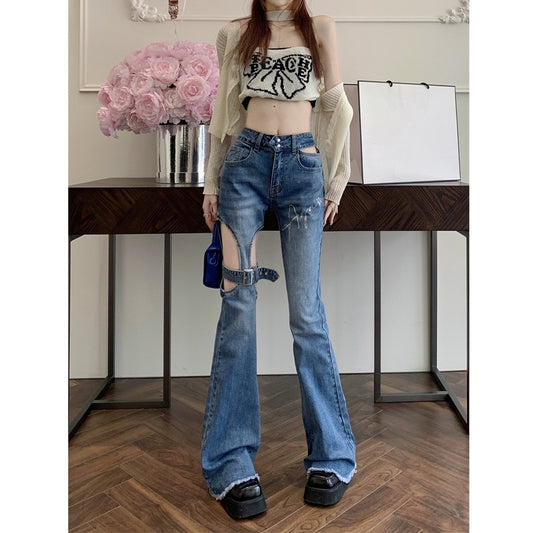 Spice Girls Scheming Jeans Spring 2023 New High Waist Fashion Temperament Hollow Bandage Slightly Wide Leg Trousers Women