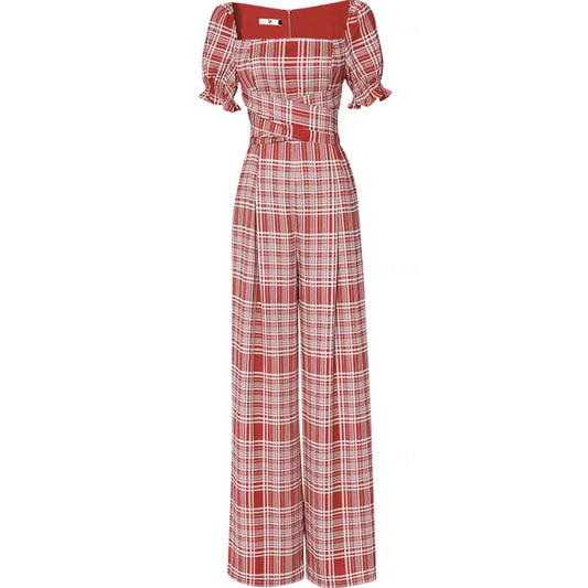 2022 summer new French retro square collar cross straps cool sassy fashion red plaid trousers jumpsuit