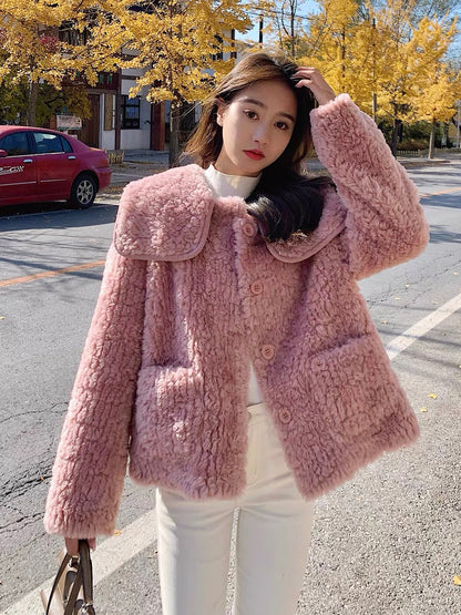 Pink lamb wool coat women's autumn and winter 2022 new Korean style small man high-end temperament fur coat