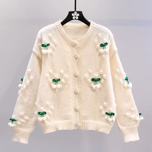 Three-dimensional cherry sweater jacket women's 2022 early autumn Korean version of the new loose college style Western style age-reducing knitted cardigan