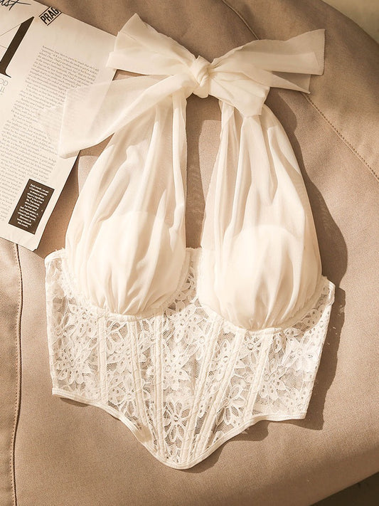 Lace fishbone camisole women's inner wear sexy beautiful back hot girl corset bottoming outer wear short halter neck top
