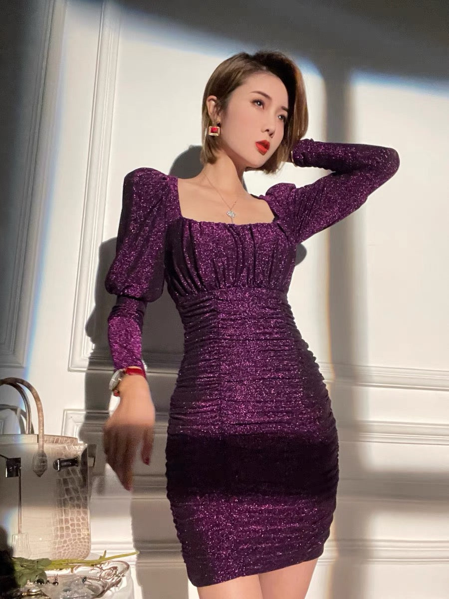 XULU original light luxury stretch knitted bright silk hip skirt temperament fashion ladies high waist long sleeve square neck dress 1190