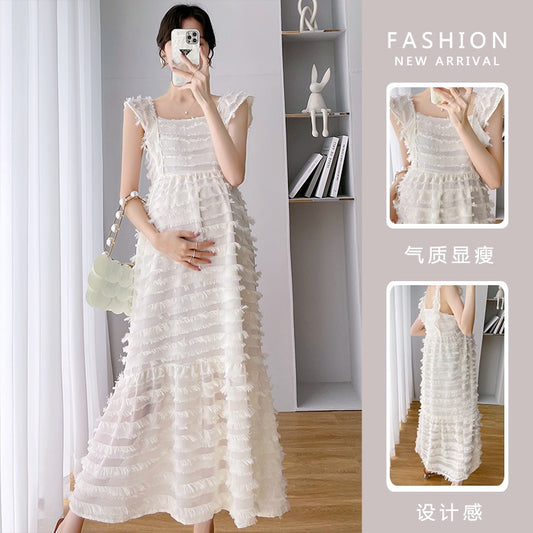 Maternity dress summer dress design sense small flying sleeve fashion going out temperament French cake layer pregnant woman long skirt
