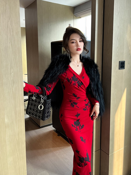 European Station Royal Sister Retro Red Printed Dress Women's Autumn and Winter Sexy High-end Big-name Temperament Package Hip Dress