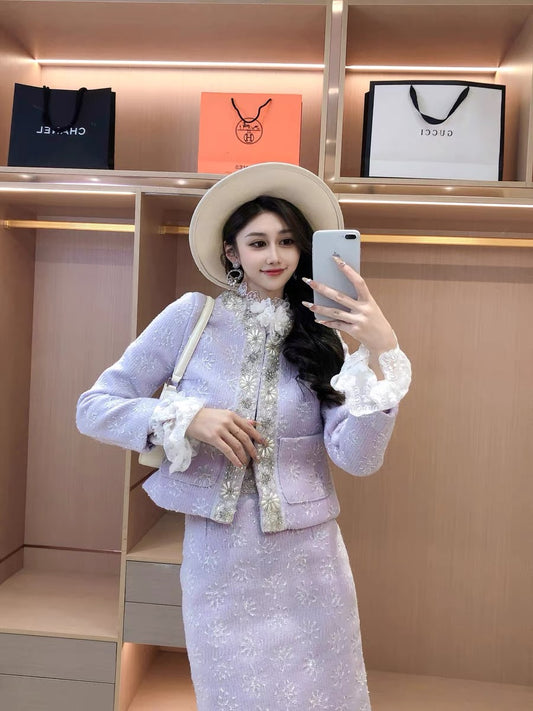 Celebrity temperament rhinestone flower stitching coat high waist slim skirt fashion two-piece autumn new women's clothing