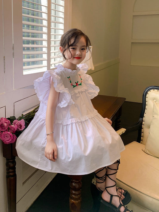Original Girls White Dress Summer Dress New Small Flying Sleeve Skirt Children's Western Style Embroidered Little Girl Princess Dress