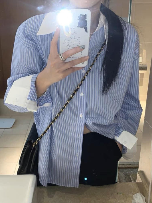 Blue and white striped color contrast shirt women 2023 spring and autumn new niche design high-end French loose chic top